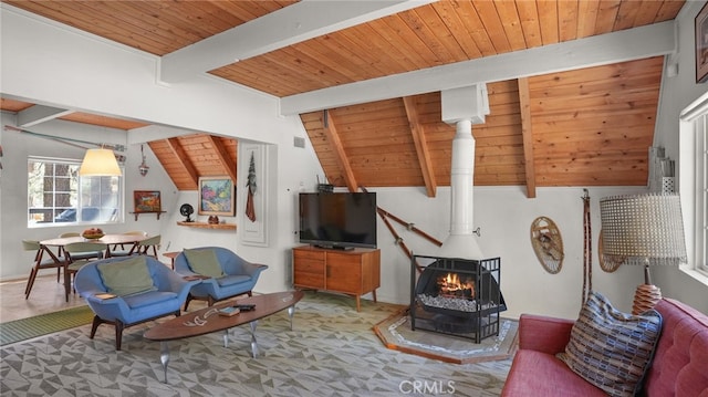 living room with vaulted ceiling with beams, a wood stove, and wooden ceiling