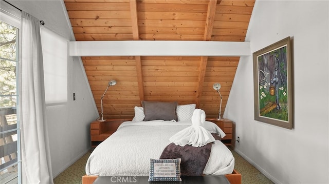 carpeted bedroom featuring vaulted ceiling with beams and wooden ceiling