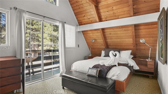 bedroom featuring lofted ceiling with beams, carpet floors, and wood ceiling