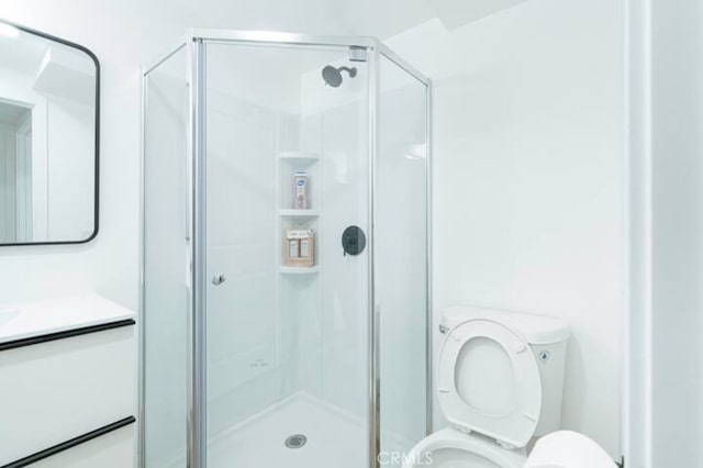 bathroom with vanity, toilet, and a shower with shower door