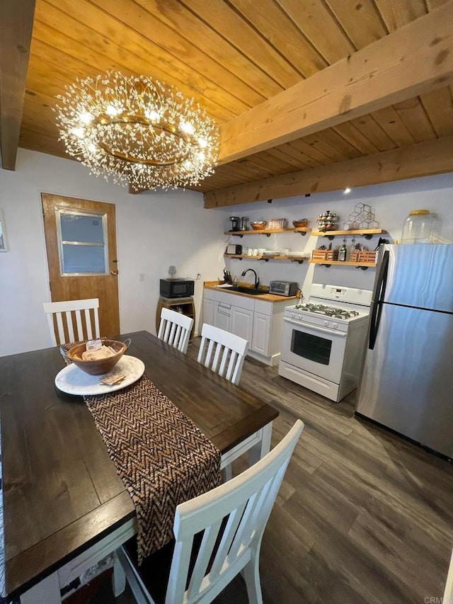 dining space with sink, a notable chandelier, beam ceiling, dark hardwood / wood-style flooring, and wood ceiling