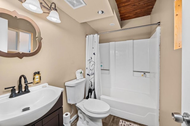 full bathroom featuring hardwood / wood-style floors, vanity, toilet, shower / tub combo with curtain, and wood ceiling