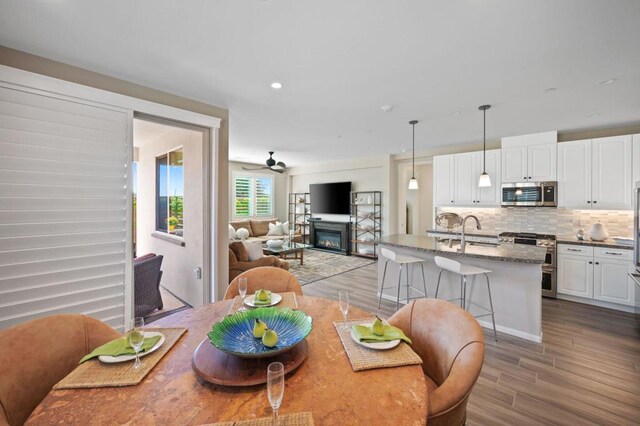 dining area featuring sink, hardwood / wood-style floors, and ceiling fan