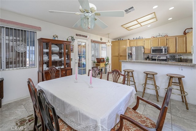 14329 Stone Creek Trl, Hesperia, CA 92344 - dining space with ceiling fan, light tile floors, and lofted ceiling