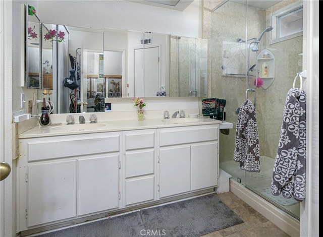 14329 Stone Creek Trl, Hesperia, CA 92344 - bathroom with dual sinks, a shower with door, oversized vanity, and tile flooring