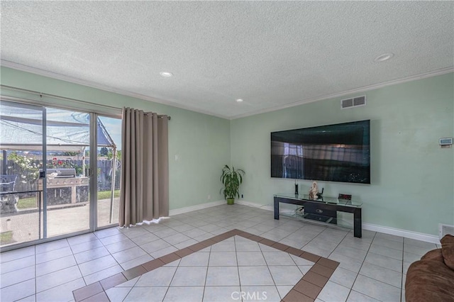 unfurnished living room with crown molding, light tile patterned floors, and a textured ceiling