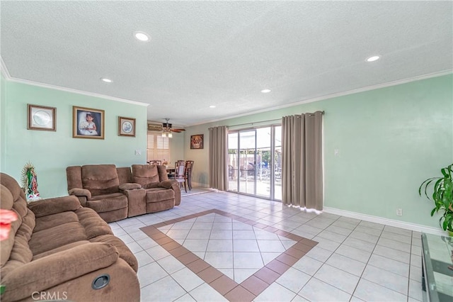 tiled living room featuring crown molding, ceiling fan, and a textured ceiling