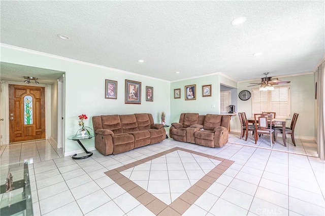 tiled living room with plenty of natural light, ceiling fan, crown molding, and a textured ceiling