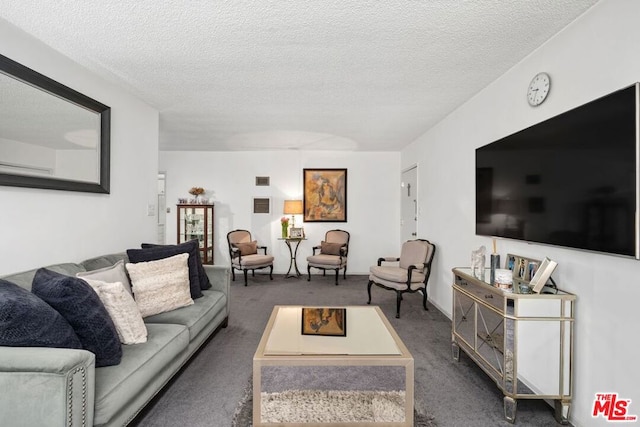 carpeted living room with a textured ceiling