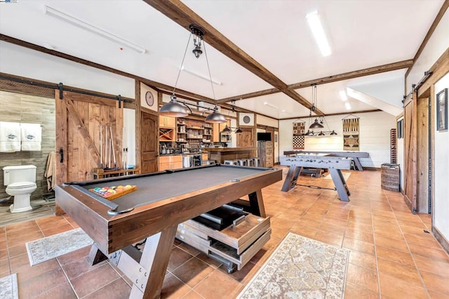 rec room featuring pool table, beam ceiling, bar, wood walls, and tile patterned floors