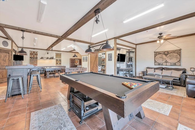 game room featuring ceiling fan, tile patterned floors, beamed ceiling, and billiards