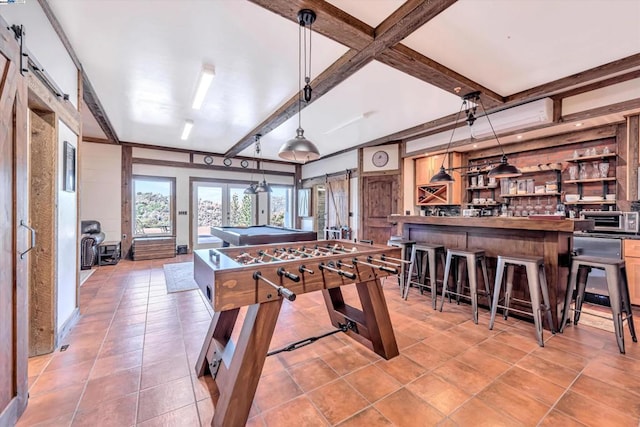 recreation room with pool table, french doors, beamed ceiling, and light tile patterned floors