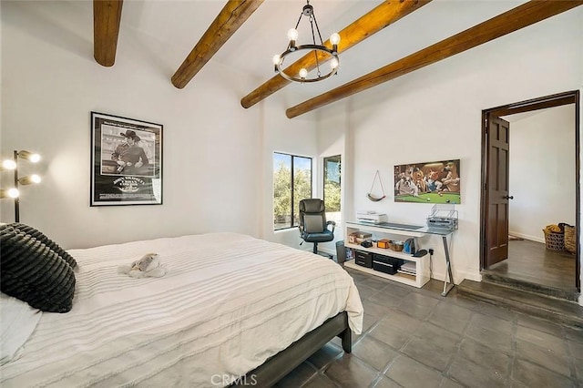 bedroom with an inviting chandelier and beam ceiling