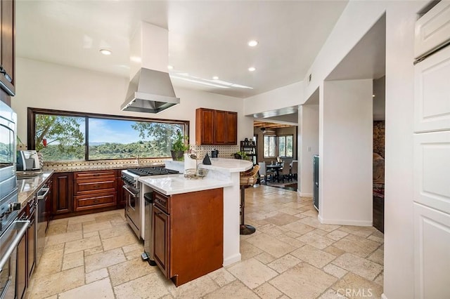 kitchen with a healthy amount of sunlight, island range hood, tasteful backsplash, and high end stainless steel range oven