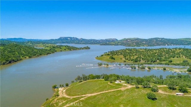 birds eye view of property with a water and mountain view