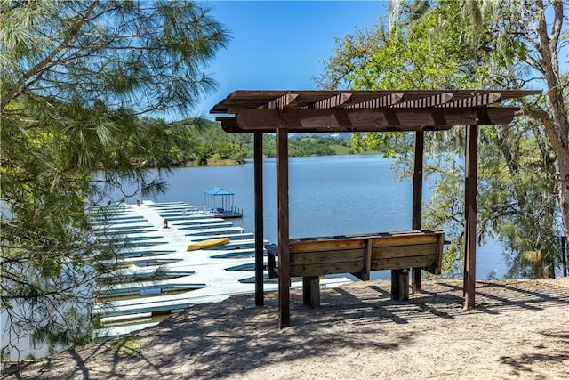 dock area with a pergola and a water view