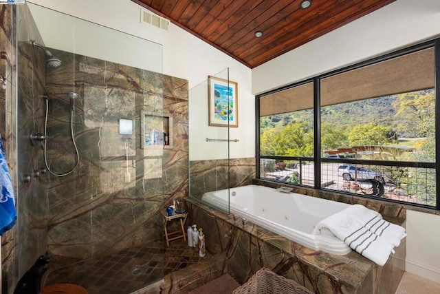 bathroom with shower with separate bathtub, wood ceiling, and vaulted ceiling