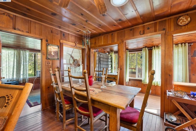 dining space with wood walls, hardwood / wood-style floors, and wooden ceiling