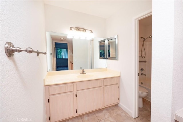 full bathroom featuring shower / bathing tub combination, vanity, toilet, and tile patterned flooring