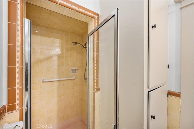 bathroom featuring a shower with shower door