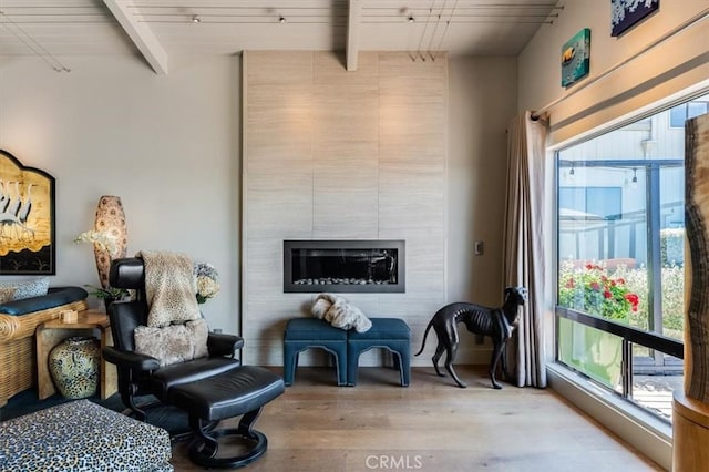 sitting room with beam ceiling, light hardwood / wood-style floors, and wood ceiling