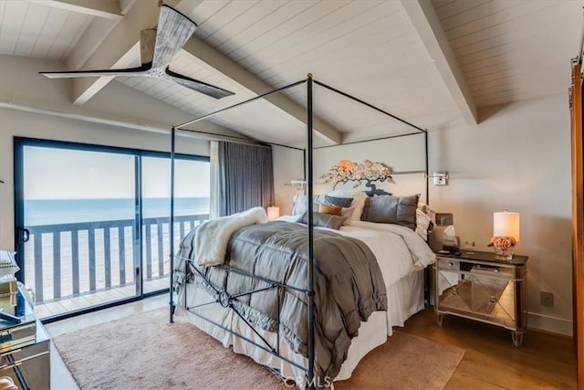 bedroom with access to exterior, ceiling fan, lofted ceiling with beams, a water view, and hardwood / wood-style flooring