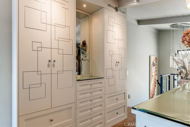 spacious closet with beamed ceiling and wood-type flooring