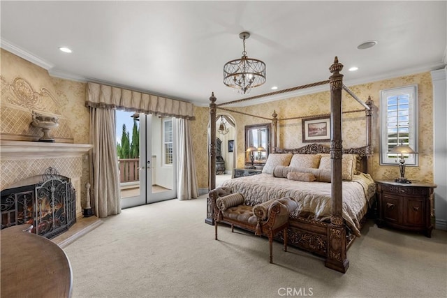 bedroom with access to exterior, multiple windows, ornamental molding, and light colored carpet