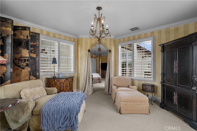 sitting room with light carpet, a notable chandelier, and crown molding