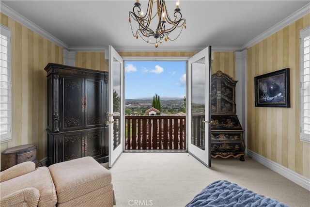 living area featuring ornamental molding, light colored carpet, and a notable chandelier