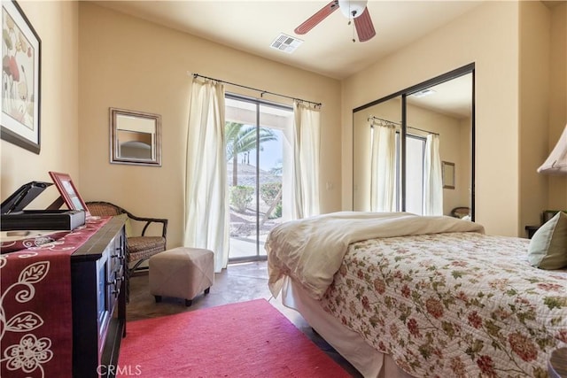 bedroom featuring access to outside and ceiling fan
