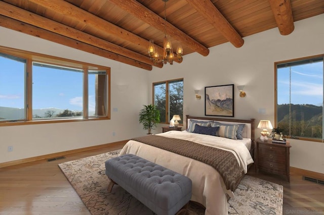 bedroom with wood ceiling, hardwood / wood-style flooring, a chandelier, and beam ceiling