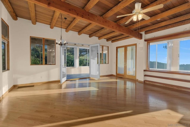 unfurnished room featuring beamed ceiling, ceiling fan with notable chandelier, wood ceiling, and wood-type flooring