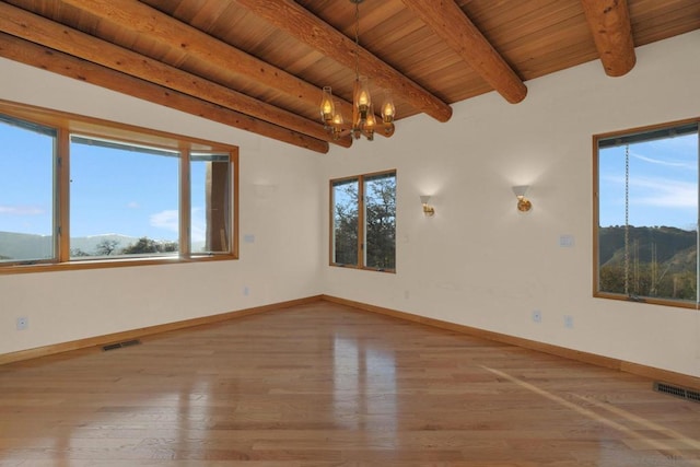 spare room with a wealth of natural light, a notable chandelier, and wood-type flooring