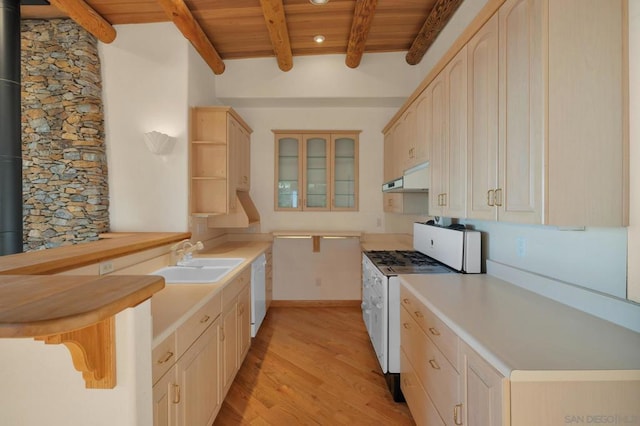 kitchen with wood ceiling, light brown cabinetry, light hardwood / wood-style flooring, and sink