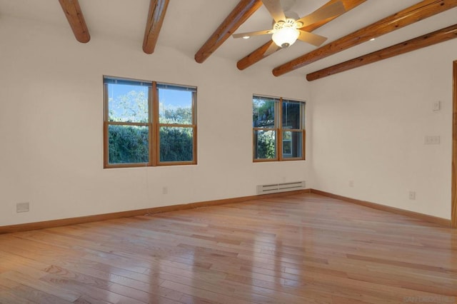 empty room with a baseboard radiator, ceiling fan, light wood-type flooring, and beam ceiling