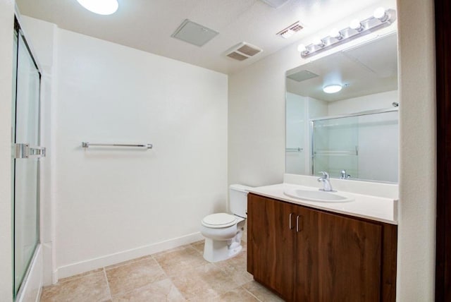 full bathroom with toilet, vanity, and bath / shower combo with glass door