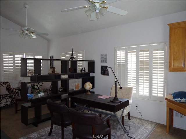 office featuring carpet and lofted ceiling