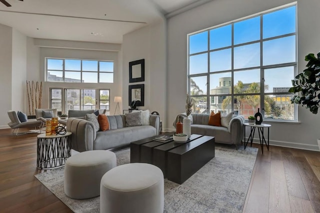 living room with dark hardwood / wood-style floors and a high ceiling