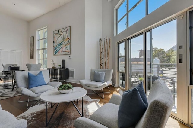 living room featuring a towering ceiling and light hardwood / wood-style flooring