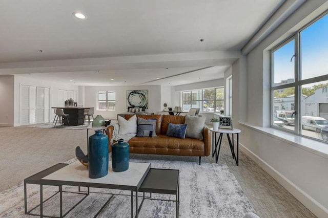 living room with light colored carpet