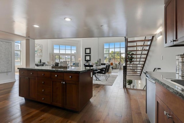 kitchen with dark wood-type flooring, a wealth of natural light, and dishwasher