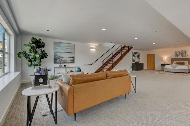 living room featuring light colored carpet