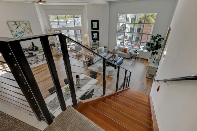 staircase featuring ceiling fan, a healthy amount of sunlight, and wood-type flooring