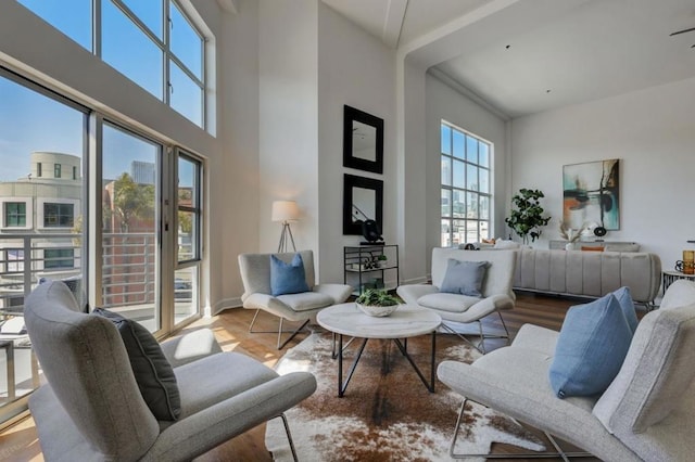 interior space with a high ceiling and hardwood / wood-style floors