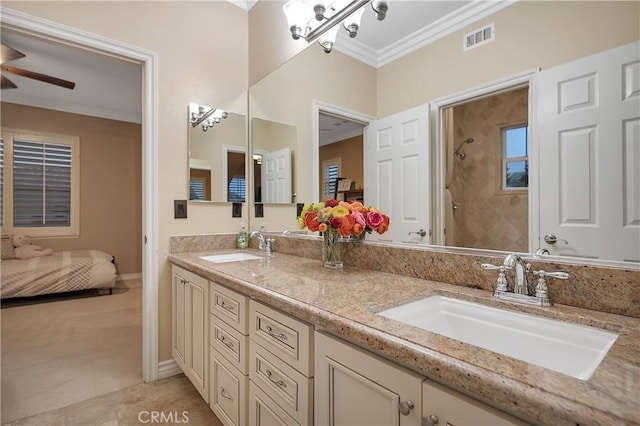 bathroom with ceiling fan, vanity, tile patterned flooring, and ornamental molding