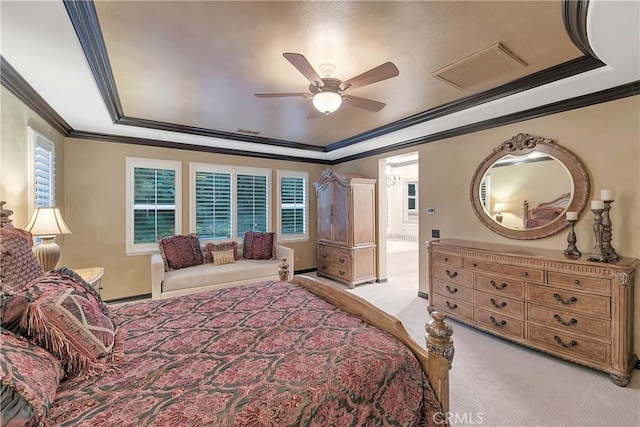 bedroom featuring ceiling fan, light colored carpet, and ornamental molding