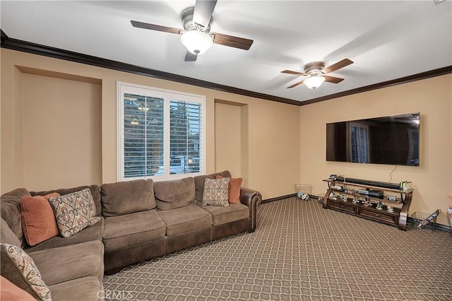 carpeted living room featuring ceiling fan and crown molding