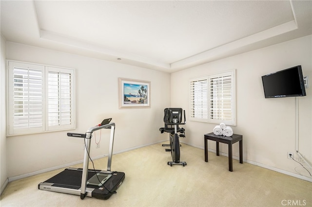 workout area featuring light colored carpet and a raised ceiling