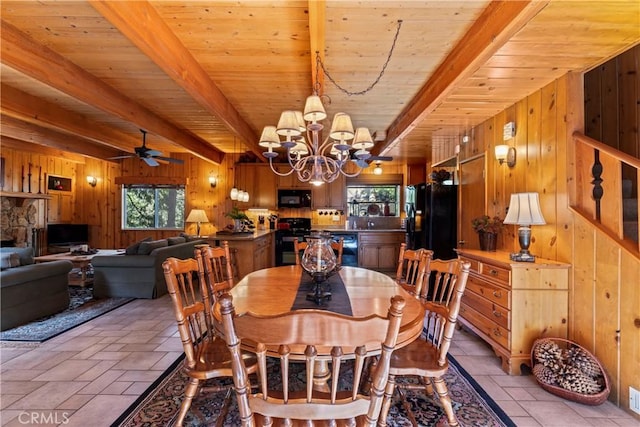 dining space with wood ceiling, wooden walls, beamed ceiling, and ceiling fan with notable chandelier